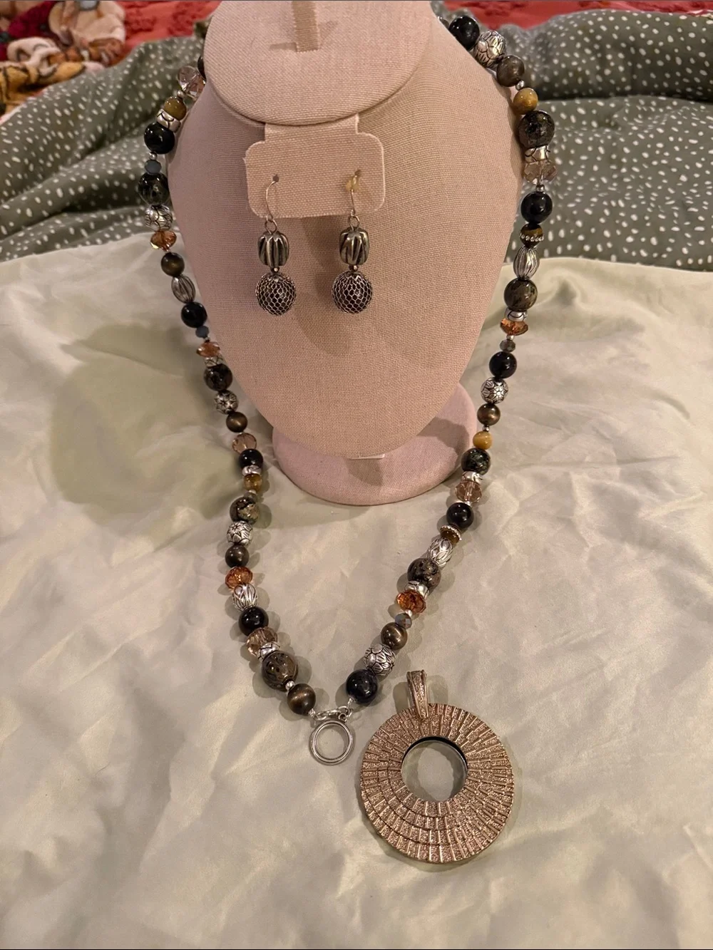 Premier Beaded Necklace and Drop Earrings in Black, Amber, Olive and Silver